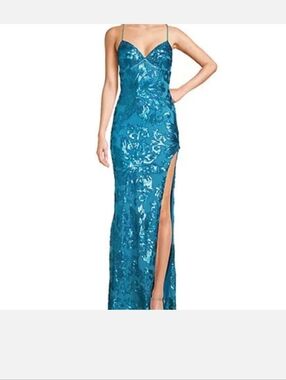 B Darlin Teal Sequin Spaghetti Strap Evening Gown with Thigh Slit